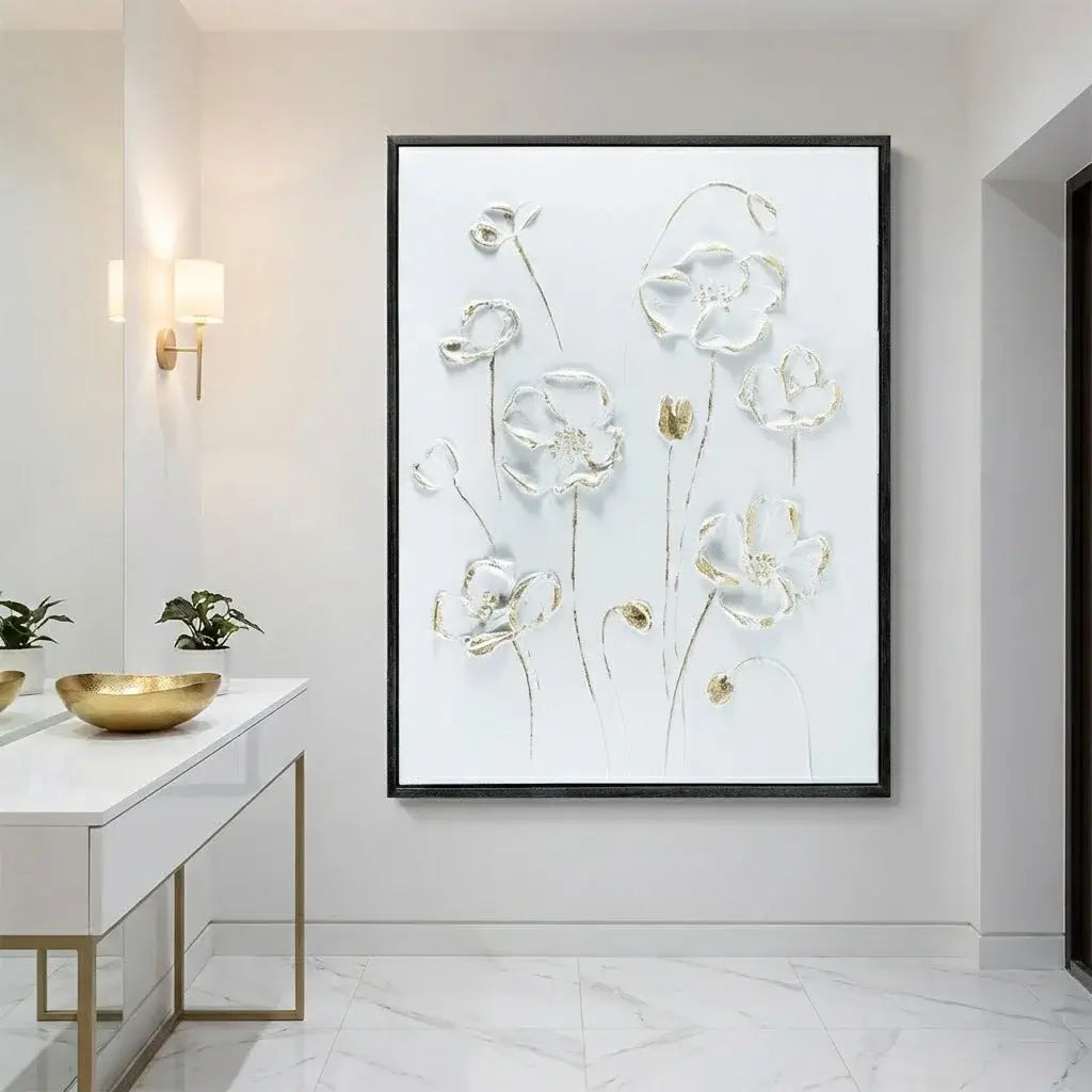 Framed floral artwork on a wall in a modern interior setting.