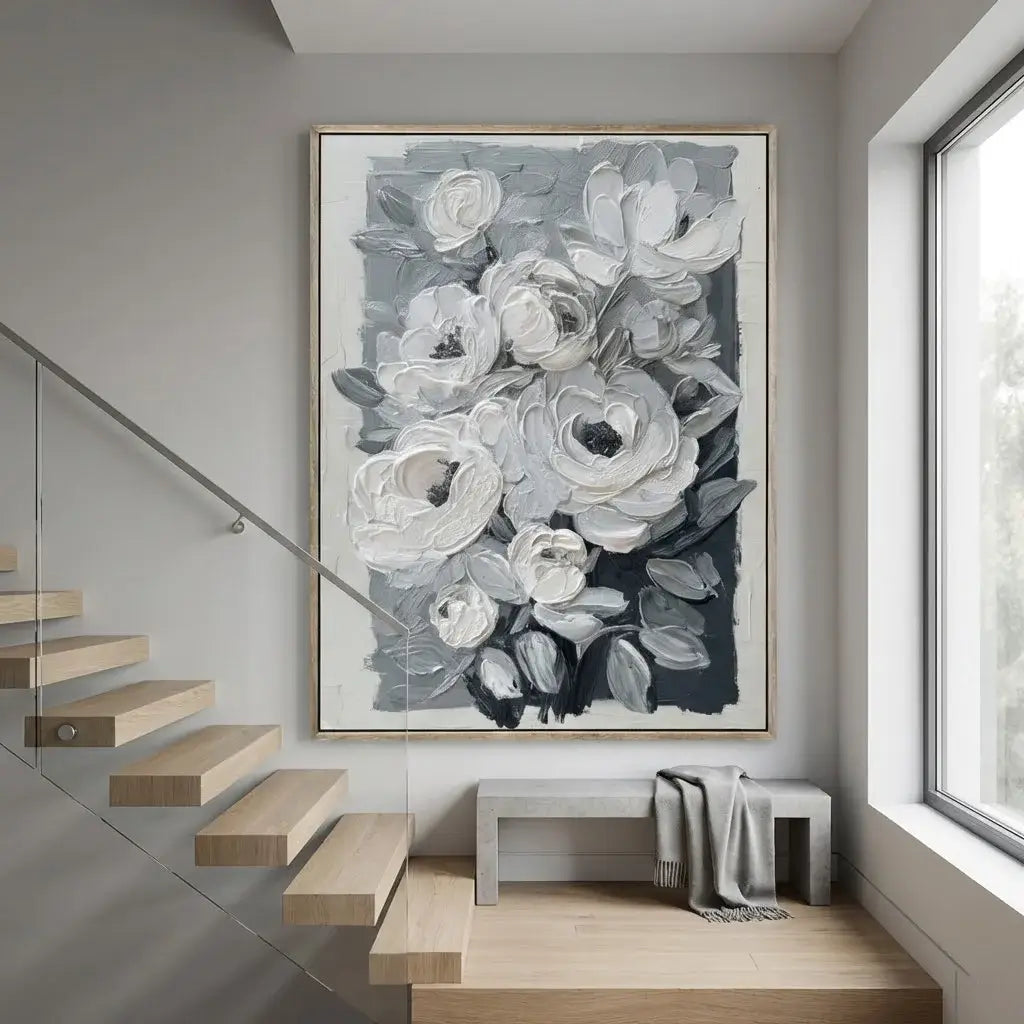 Staircase with a large floral painting on the wall
