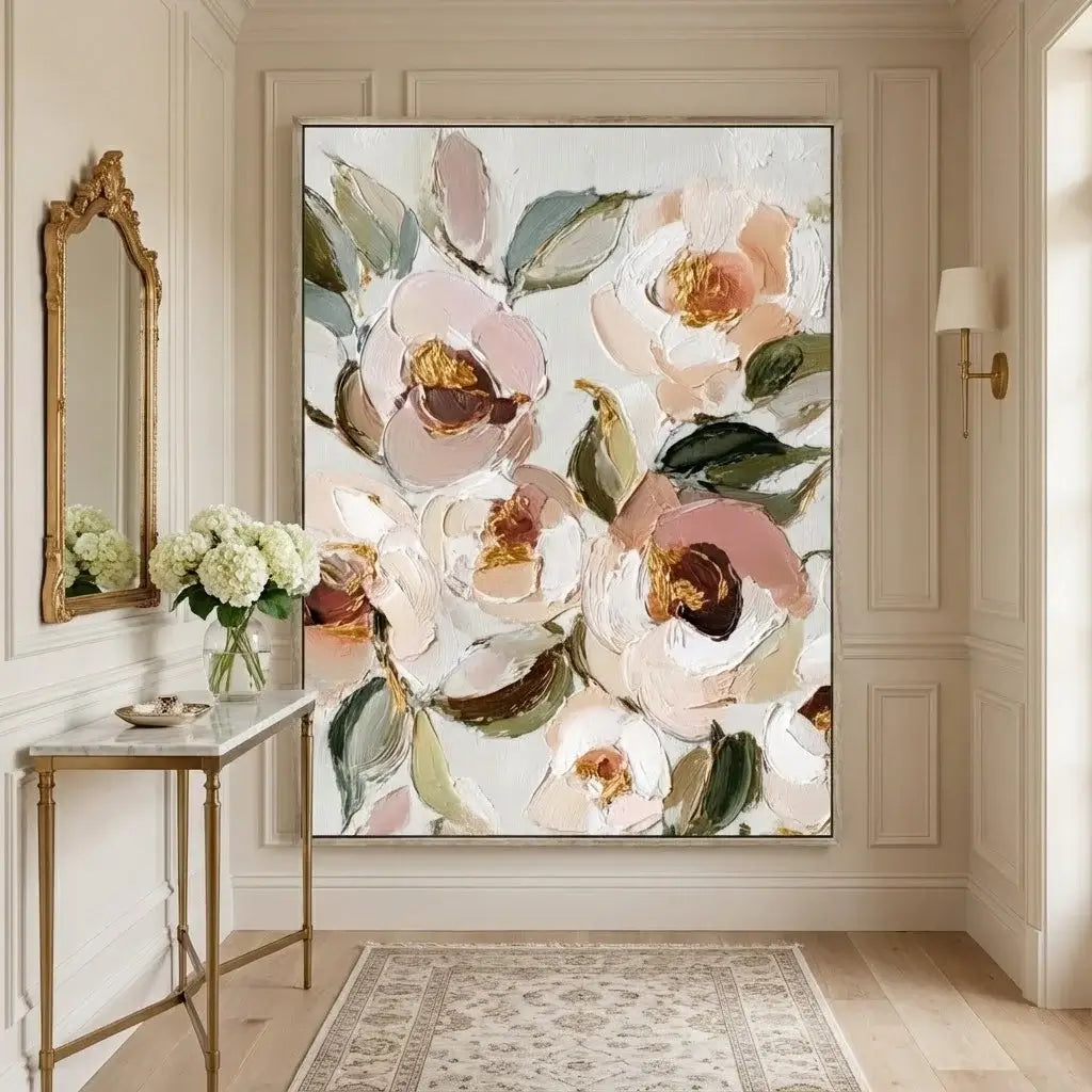 Floral painting in a stylish room with a mirror and table.