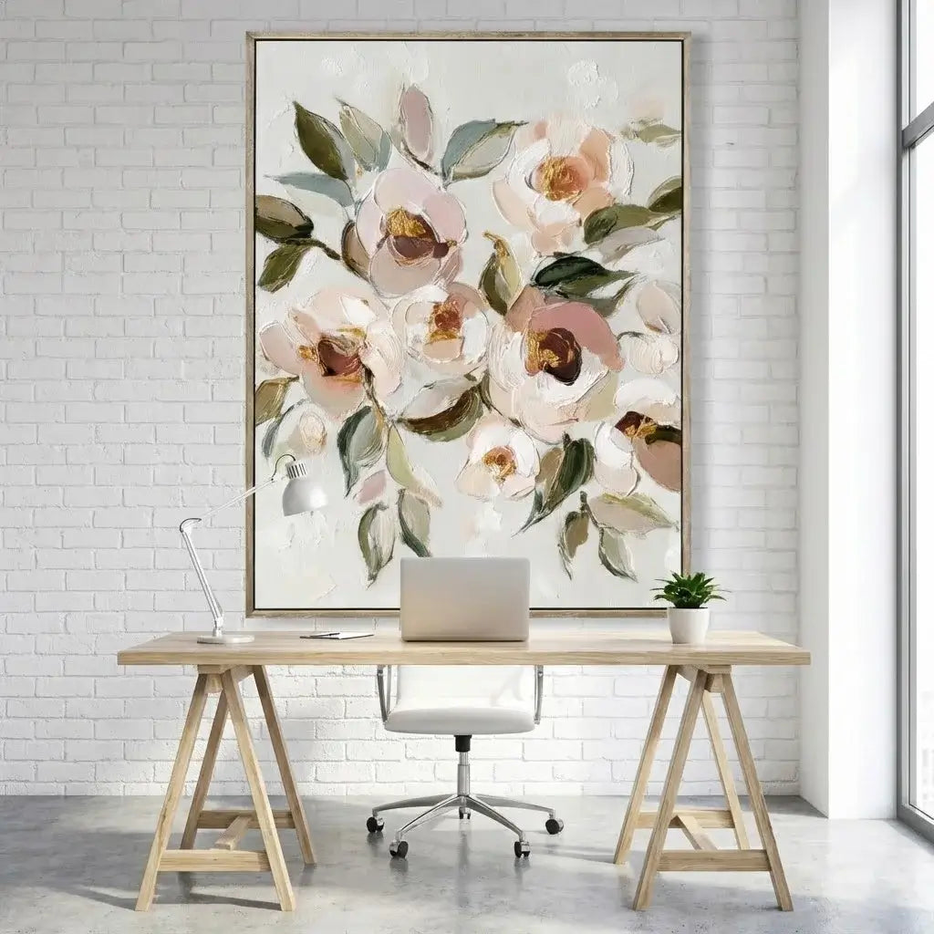 Floral artwork on a wall above a desk with office furniture.