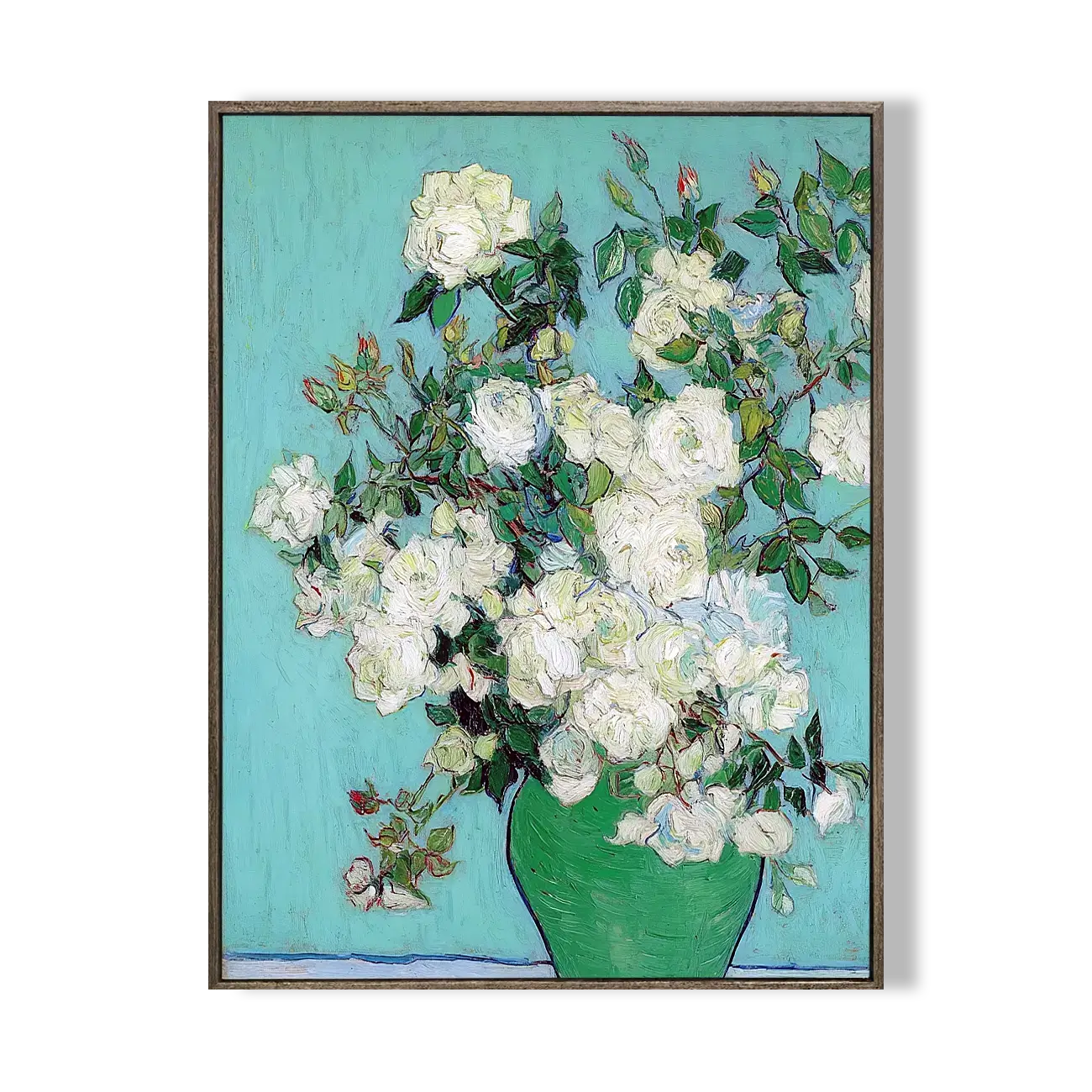 Framed artwork of a bouquet of white flowers in a green vase on a blue background