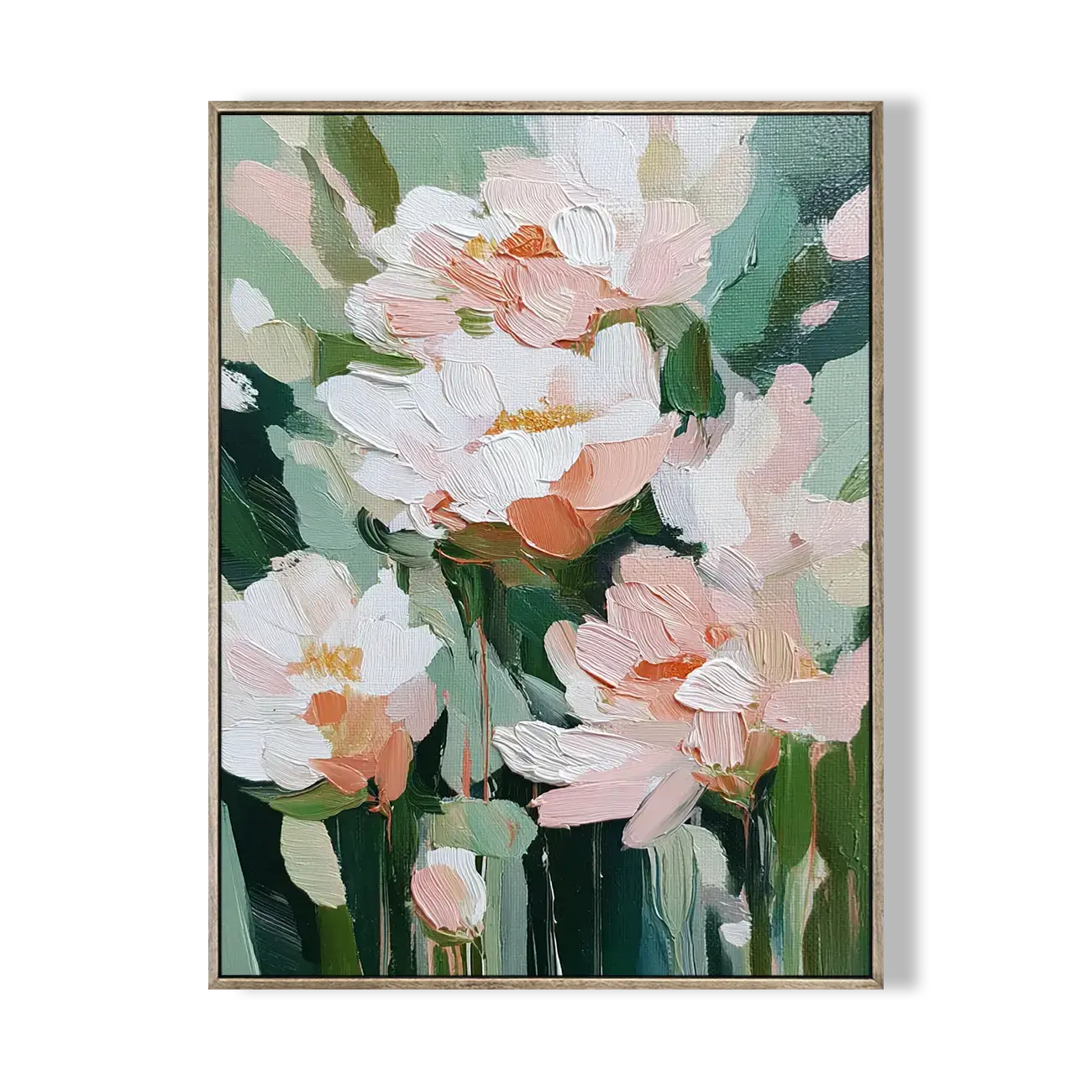 Framed floral artwork with pink and white flowers on a light green background