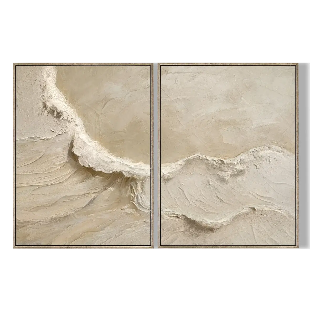 Two framed abstract artworks depicting wavy patterns on a beige background.