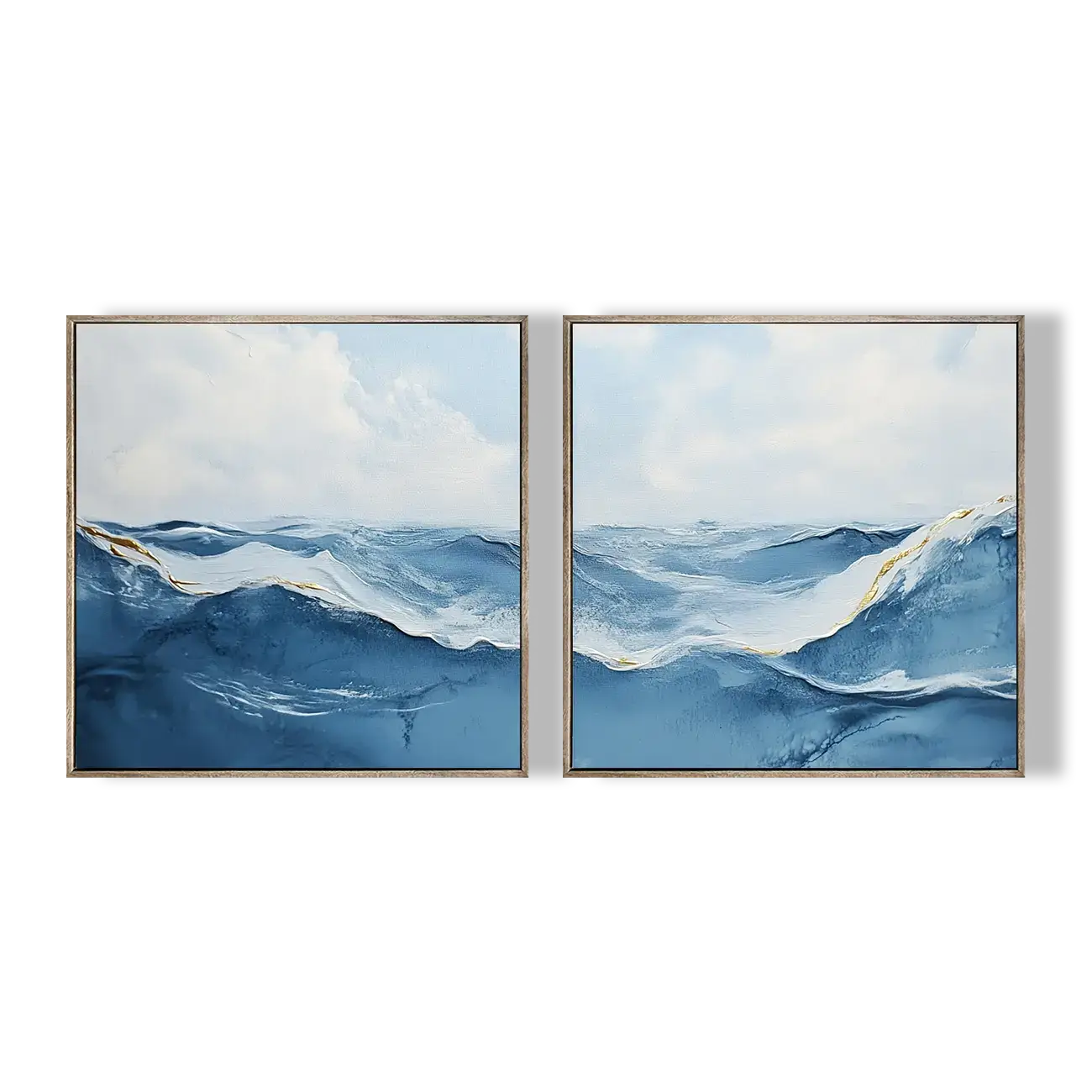 Two framed abstract artworks depicting blue and white waves on a white background