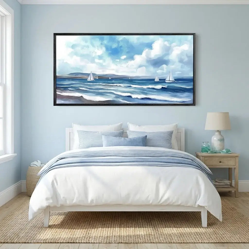 Bedroom with a large seascape painting on the wall