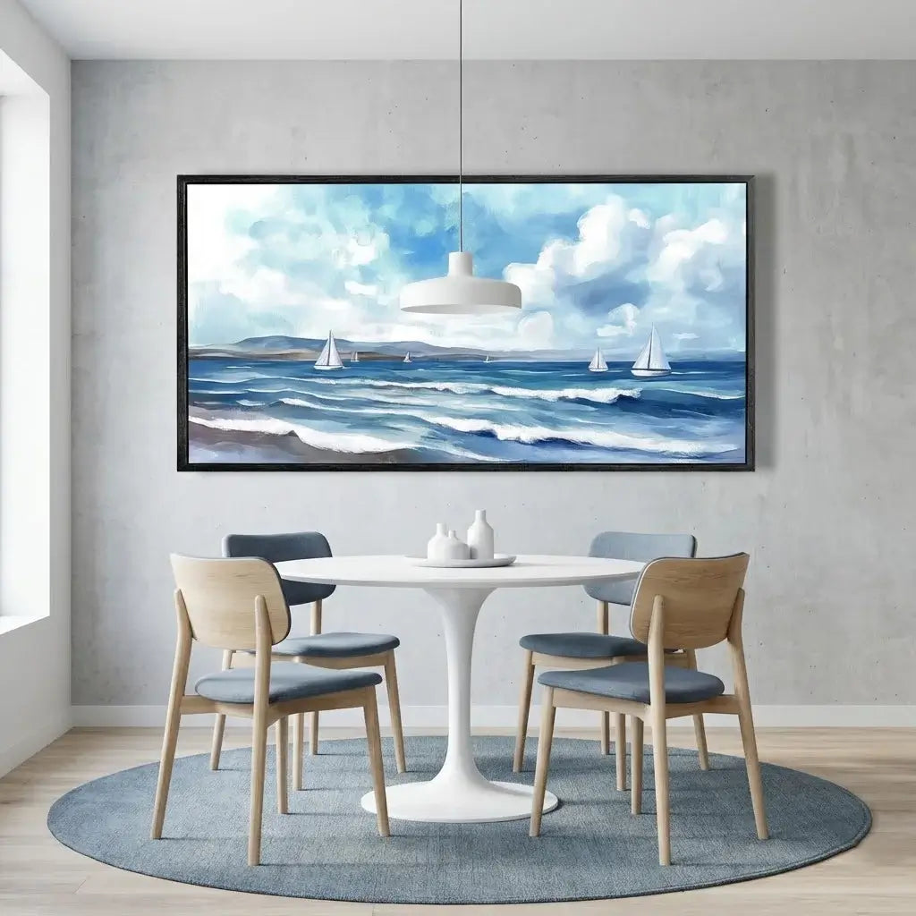 Dining room with a table and chairs, and a large framed painting of a coastal scene on the wall.
