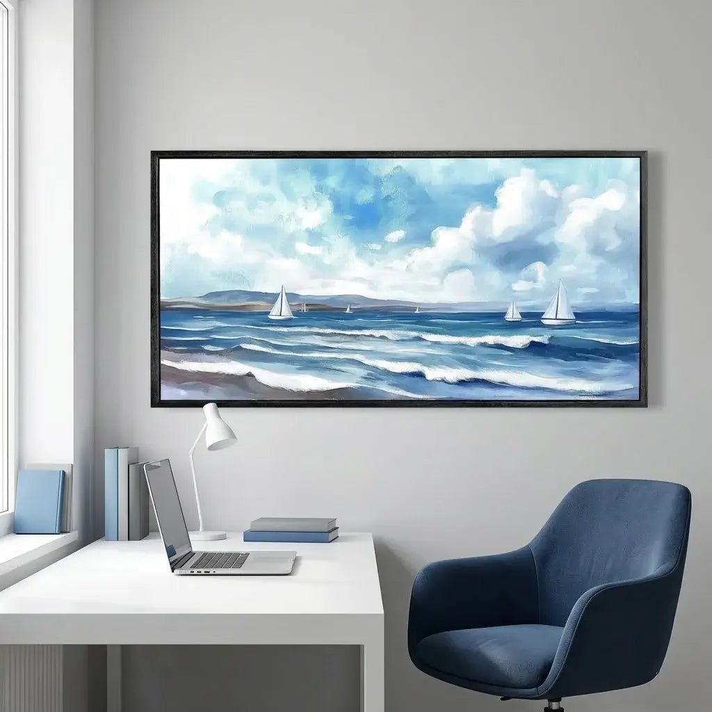 Framed seascape painting above a desk with a laptop and chair.