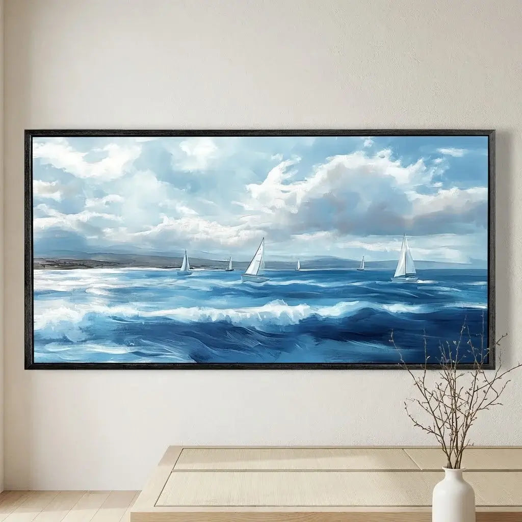 Framed artwork of sailboats on a blue ocean with white clouds, displayed on a wall.