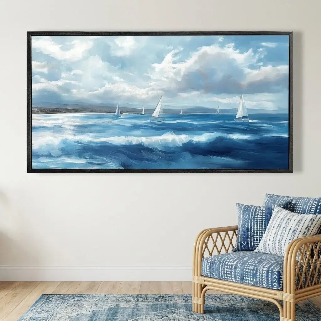 Framed artwork of sailboats on a blue ocean with white clouds, displayed in a room with a wicker chair and striped cushions.