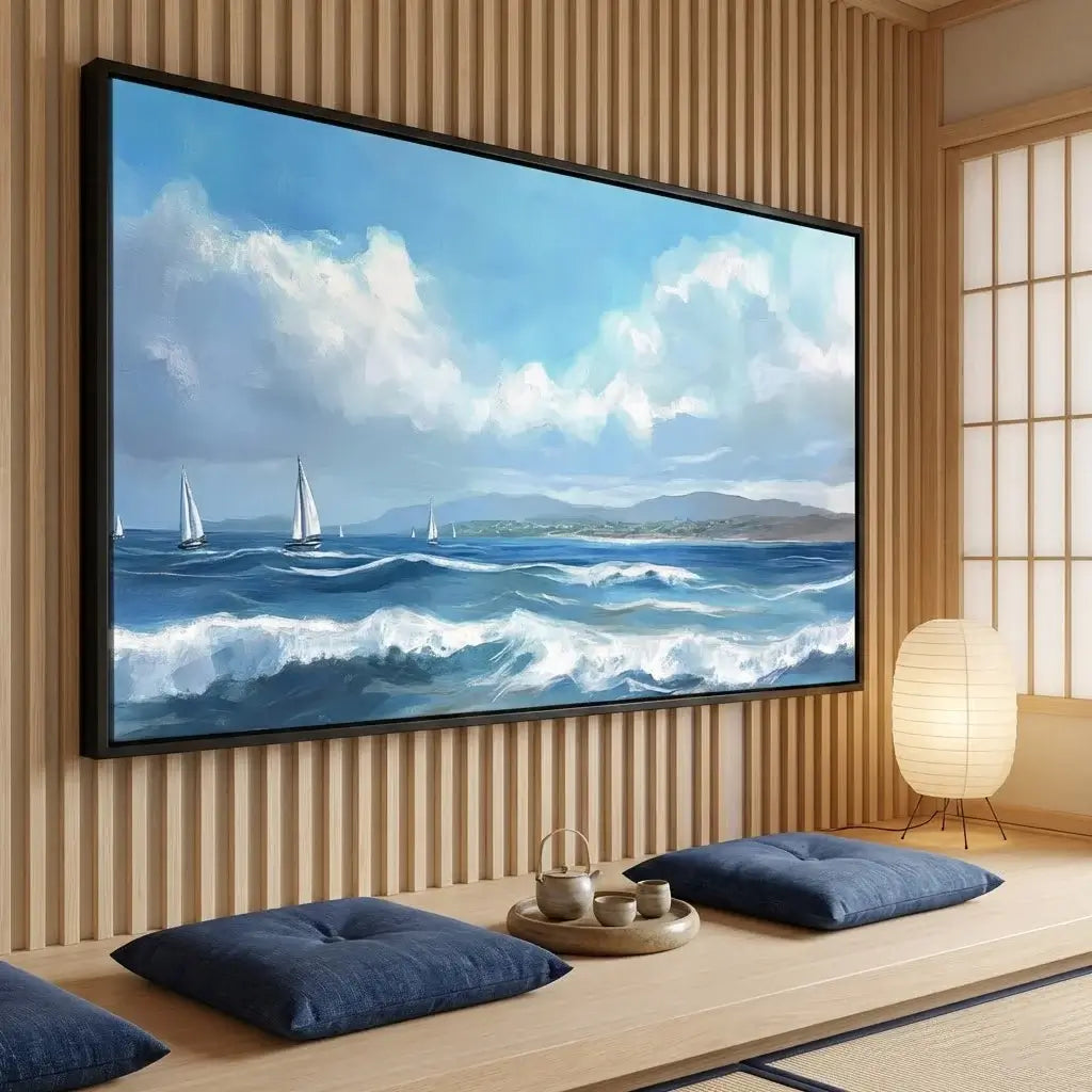 Large seascape with sailboats wall art in a room with wooden flooring and pillows.