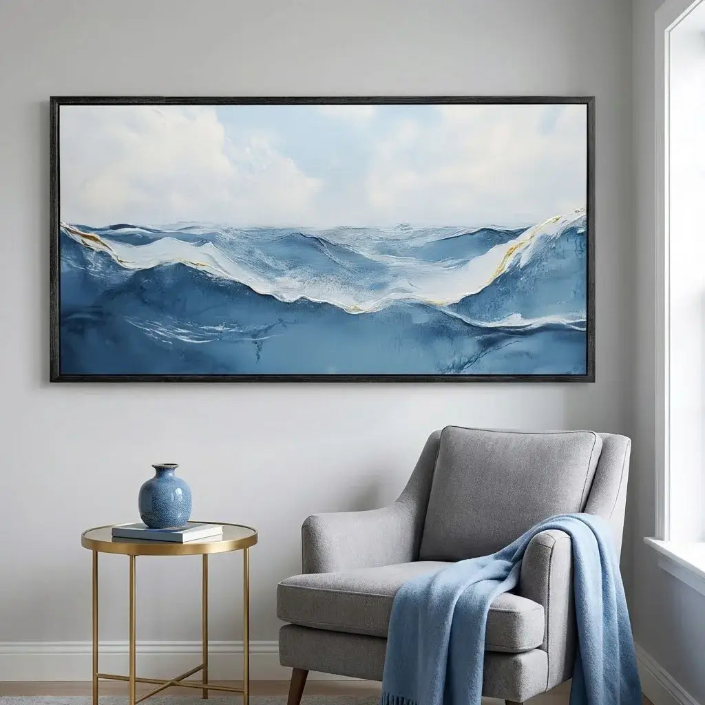 Living room with a gray armchair, small table, and abstract mountain painting on the wall.