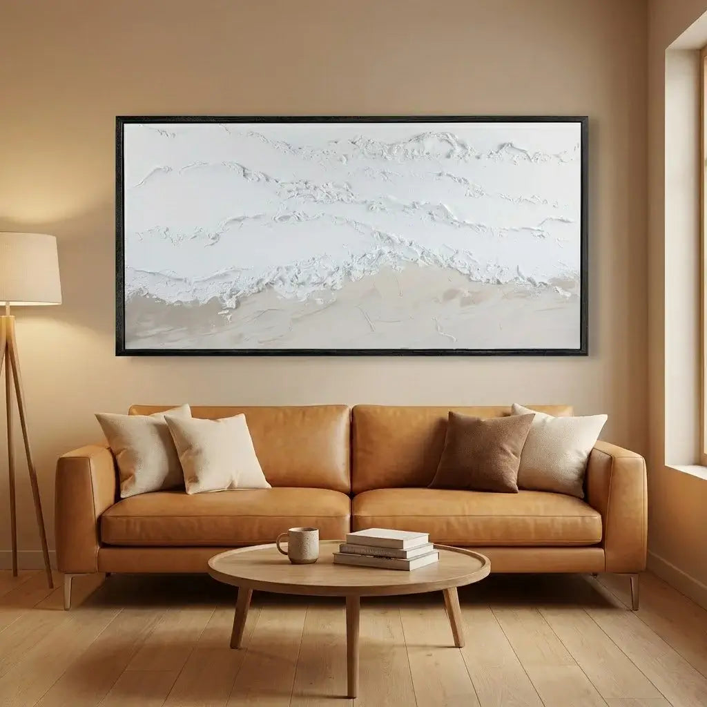 Living room with a brown sofa, coffee table, and large abstract painting on the wall.