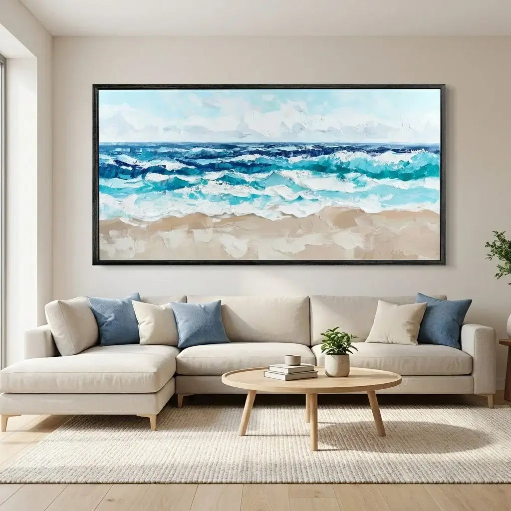 Living room with a sectional sofa, coffee table, and large framed beach scene painting.