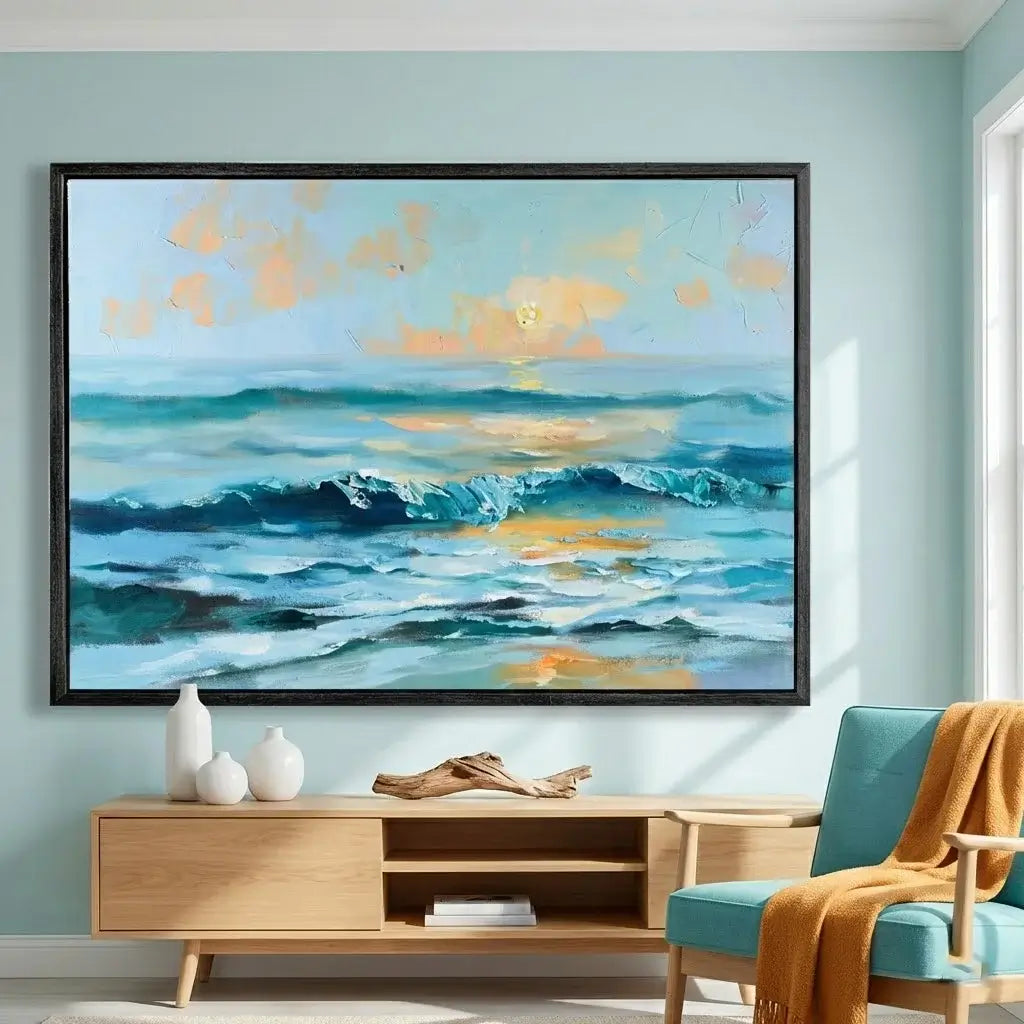 Living room with a large ocean painting on the wall, wooden cabinet, and chair with a yellow blanket.