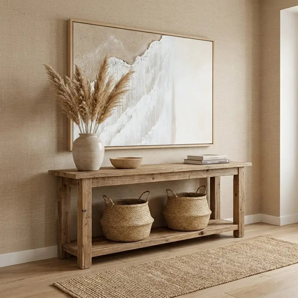 Nordic-style interior with wooden console table, decorative items, and abstract art on beige wall.