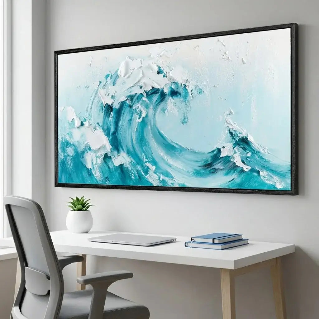 Framed abstract artwork of a wave on a wall above a desk with office items.
