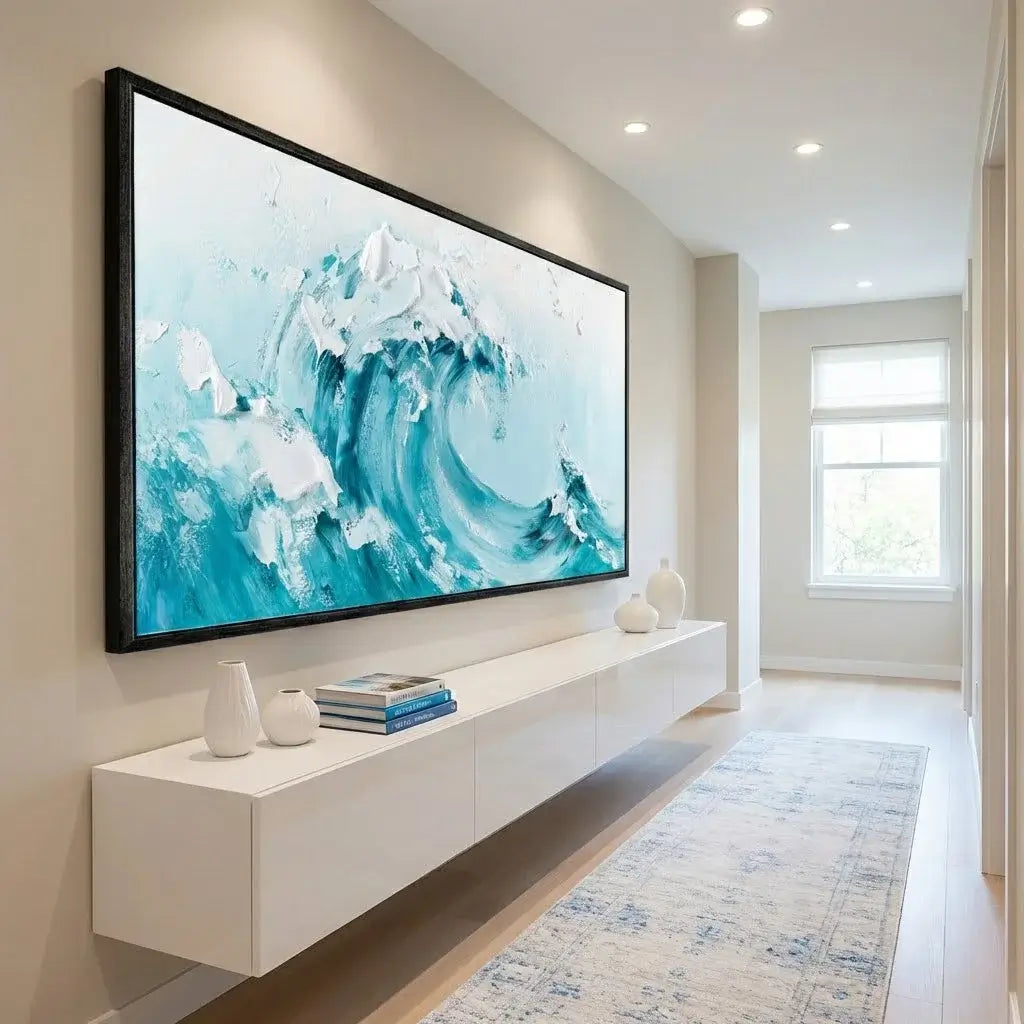 Modern living room with a large abstract ocean-wave wall art design.