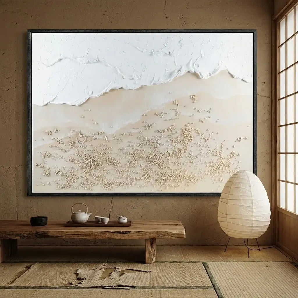 Room interior with a large abstract painting of mountains, a wooden bench with tea set, and a paper lamp.