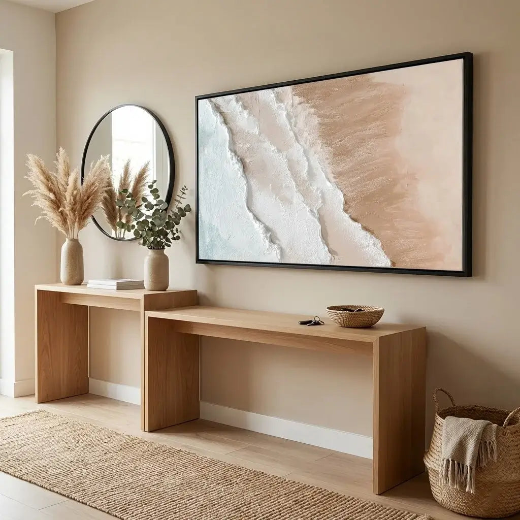 Modern interior with wooden console table, round mirror, and abstract wall art.