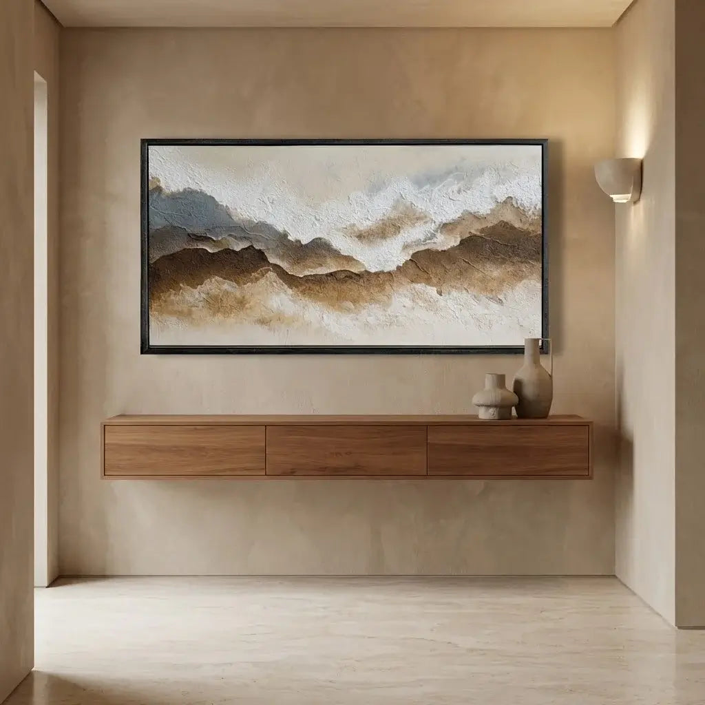 Modern living room with a wooden TV stand and abstract wall art.