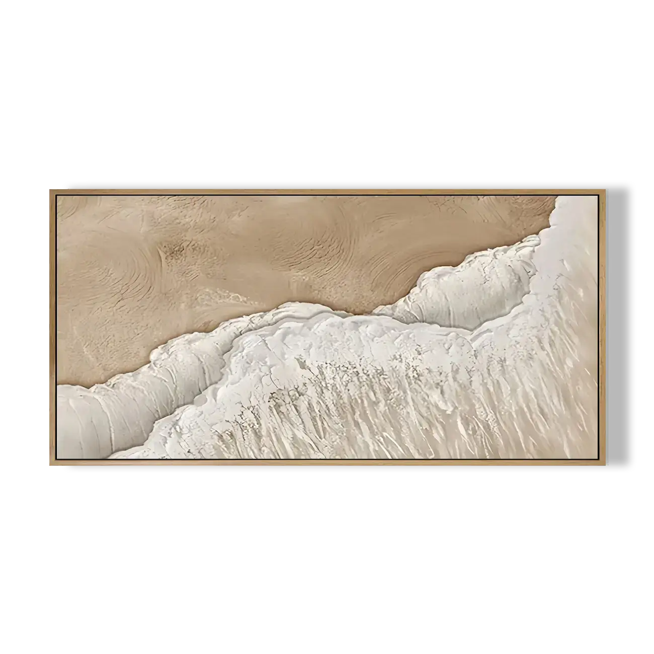 Framed artwork of a mountain landscape with a beige and white color scheme on a white background.