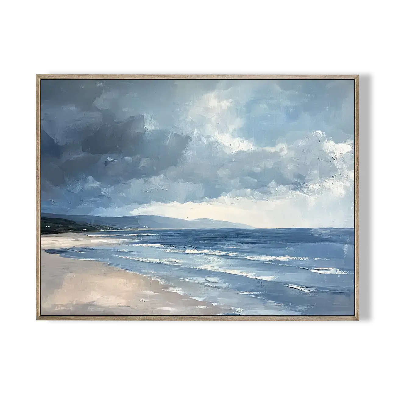 Framed painting of a beach scene with a cloudy sky.