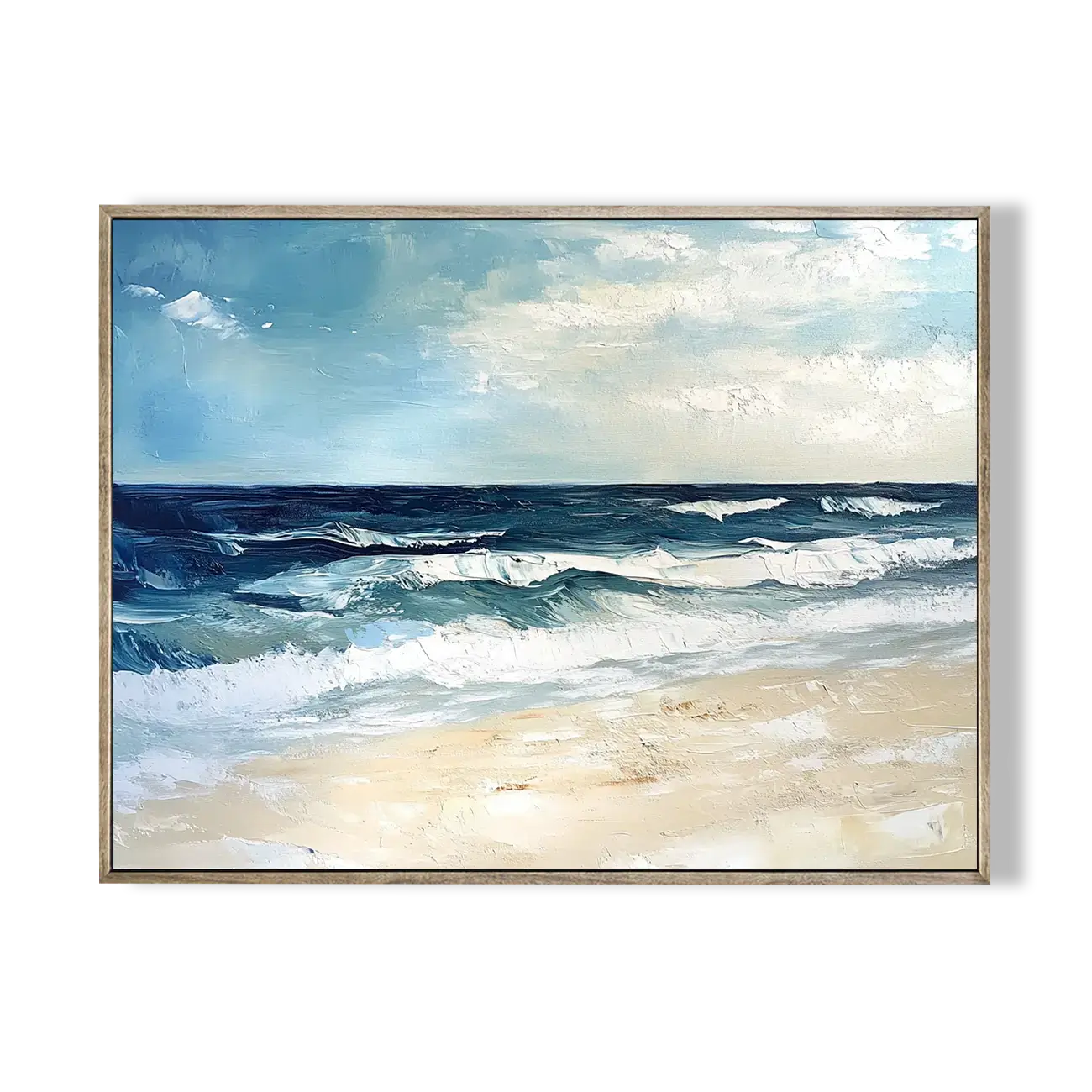 Framed artwork of a beach scene with ocean waves and sky.