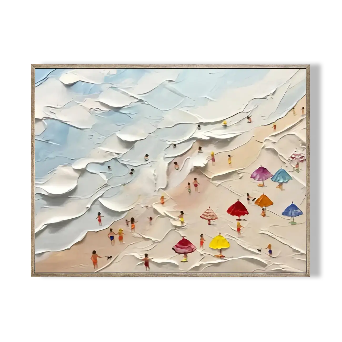 Framed artwork of a beach scene with colorful umbrellas and people.