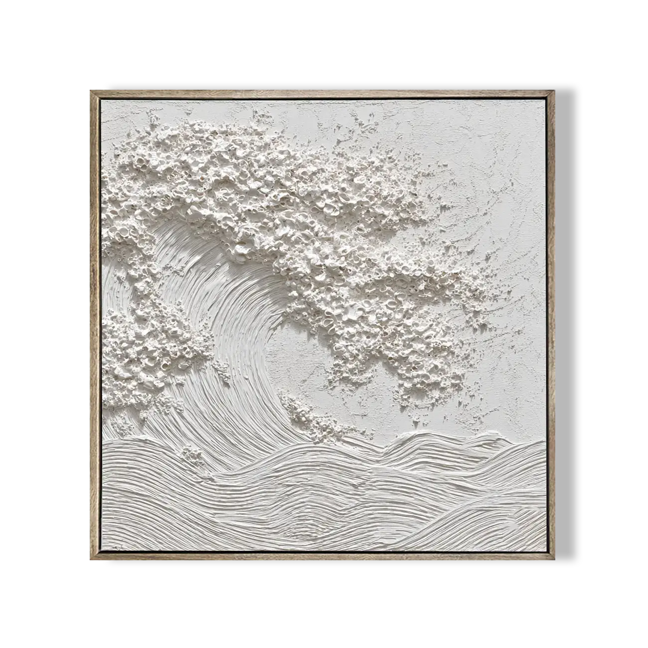 Abstract textured artwork in a wooden frame on a white background