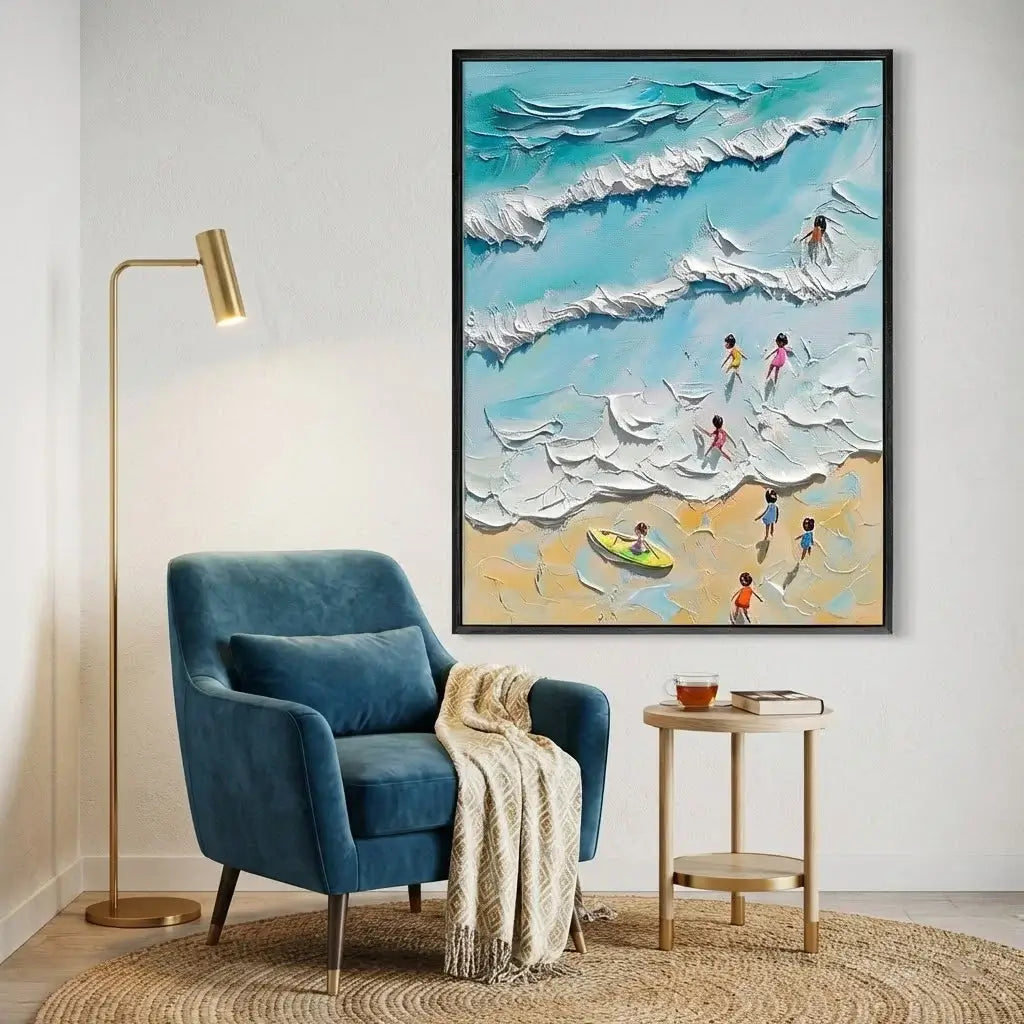 Living room with blue armchair, framed beach painting, and side table.