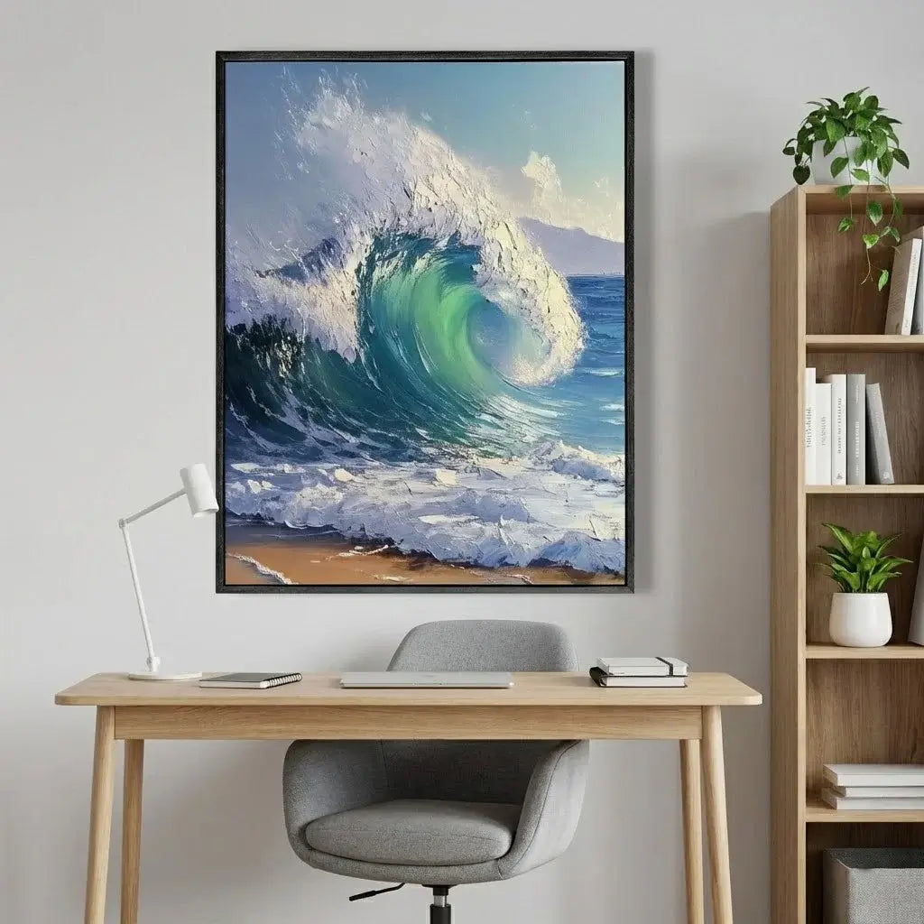 Framed artwork of a wave on a wall above a desk with office supplies.