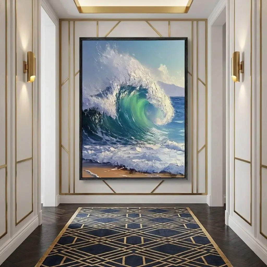 Framed artwork of a wave in a stylish hallway with geometric rug