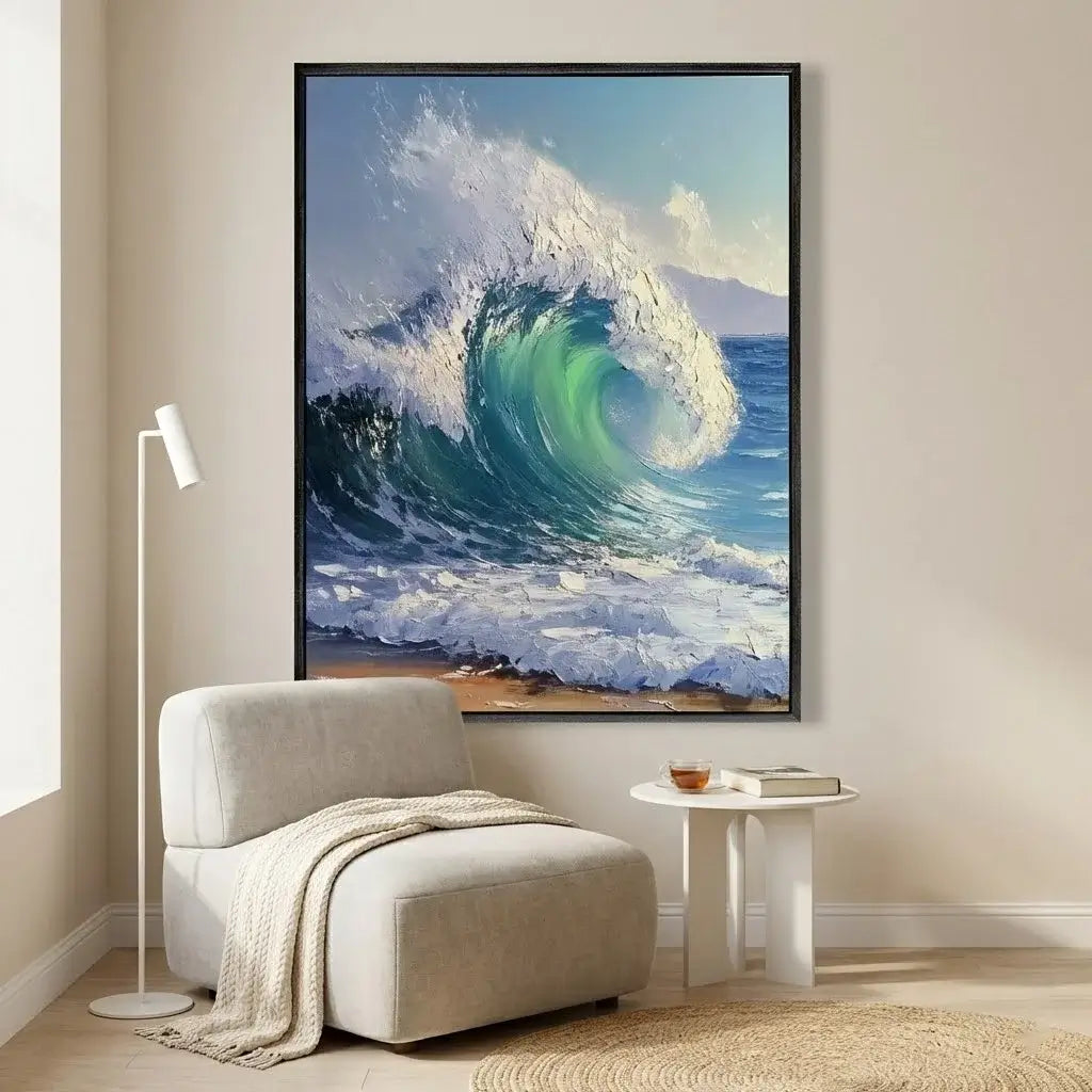 Framed artwork of a wave in a modern living room setting.
