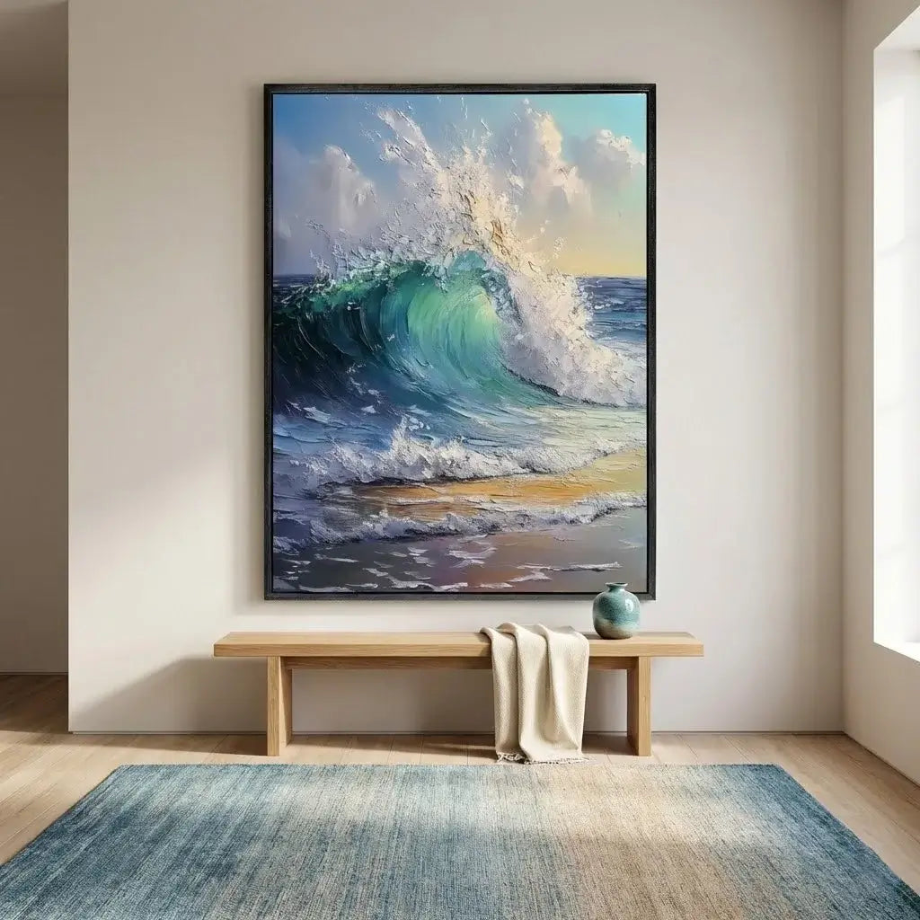 Framed artwork of a wave painting on a wall above a wooden bench with a rug on the floor.