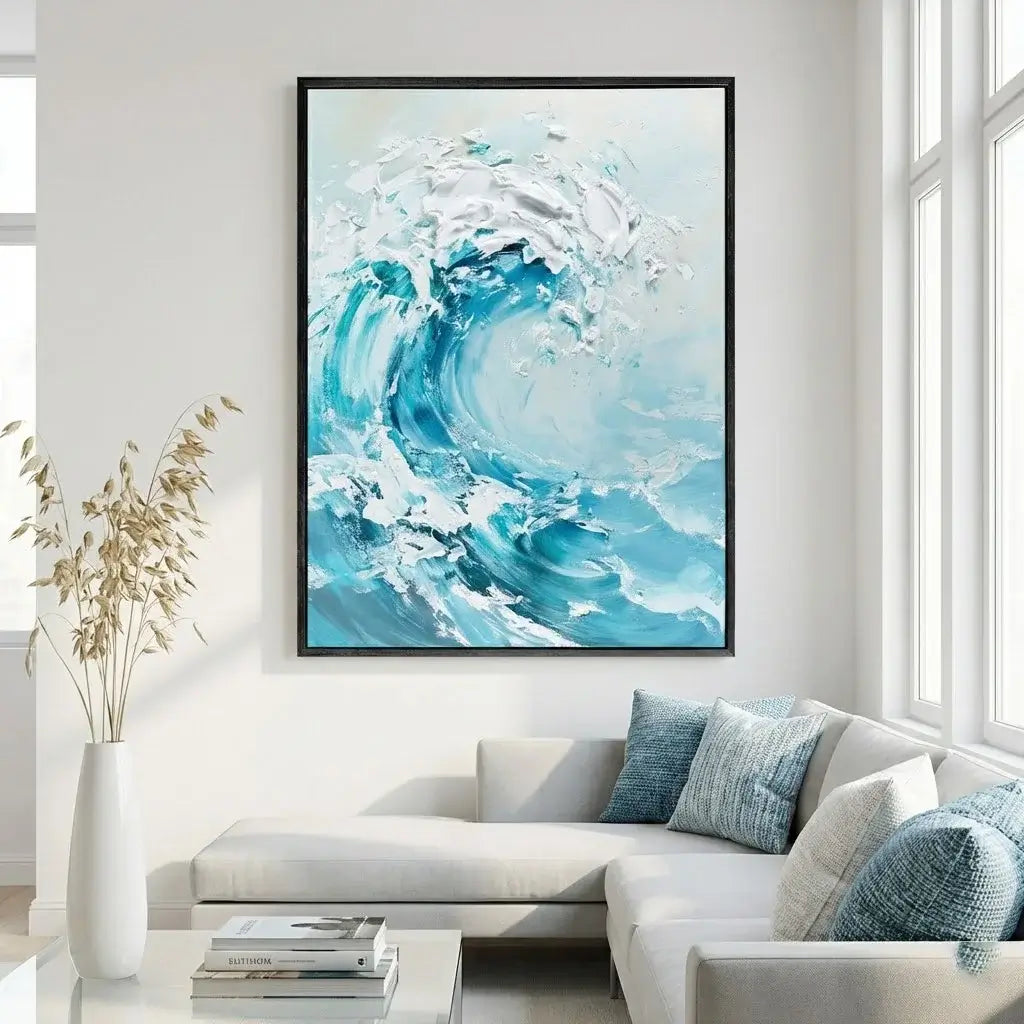 Living room with a large abstract painting of a wave, white sofa, and decorative elements.