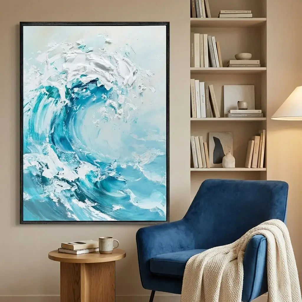 Blue armchair in a room with a large abstract wave painting on the wall and a bookshelf.