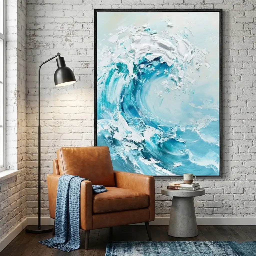 Living room with a brown leather chair, floor lamp, and abstract ocean wave painting on a brick wall.
