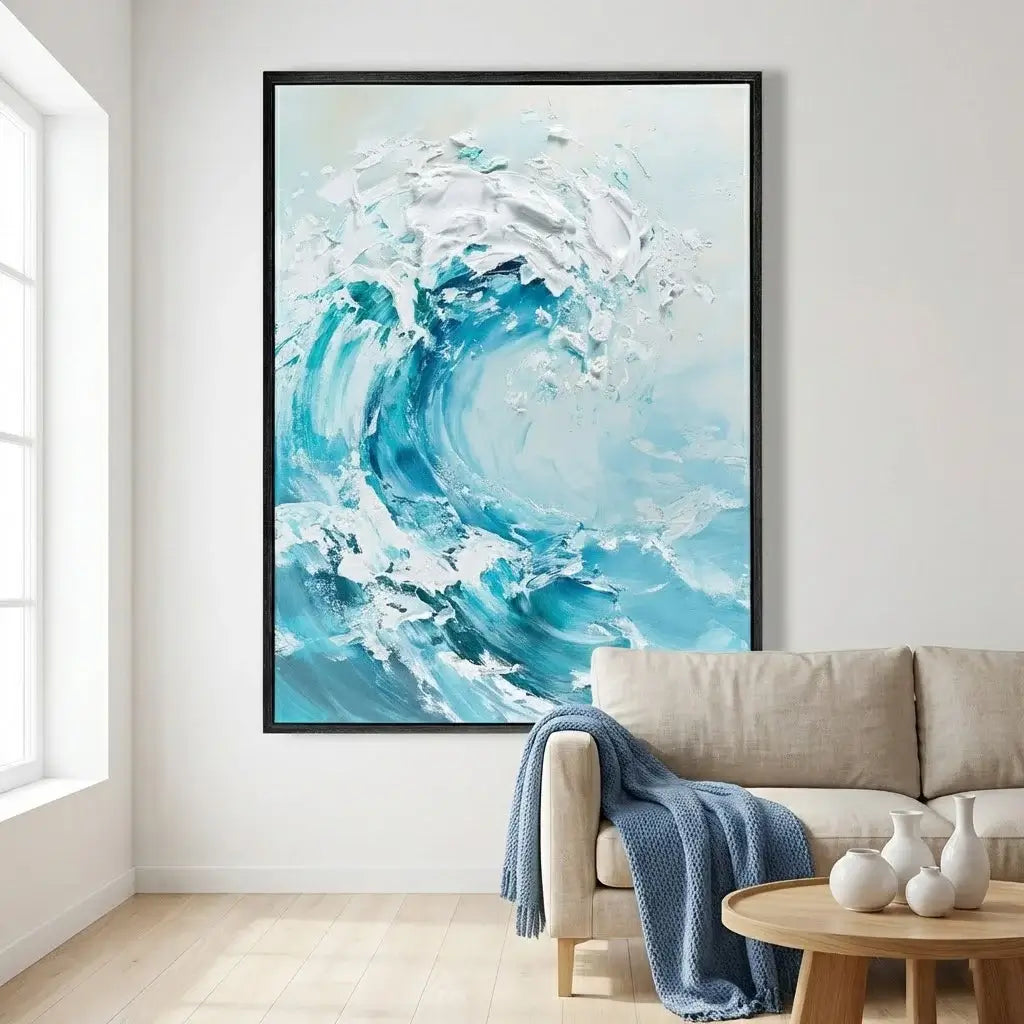 Framed abstract ocean wave painting in a living room setting.