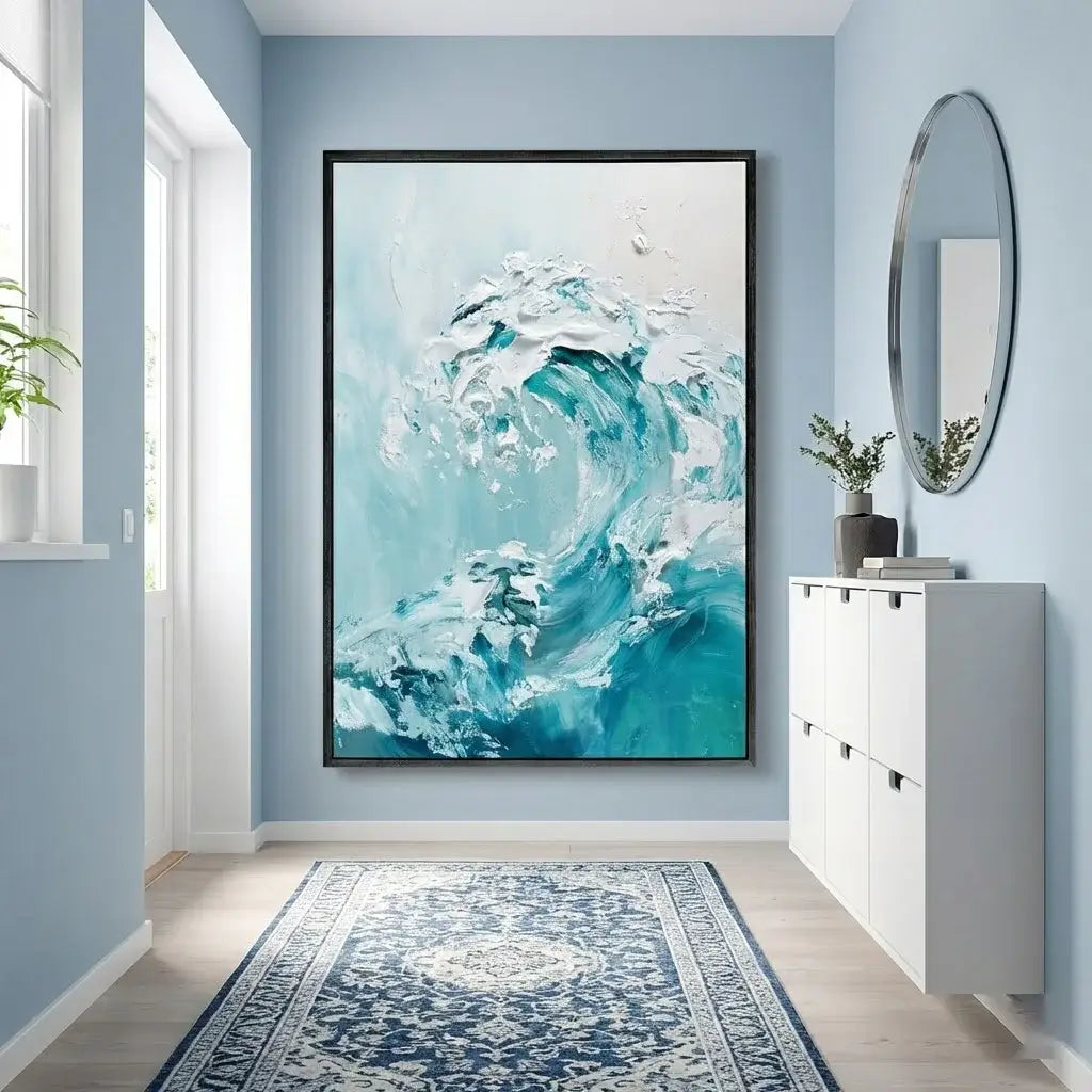 Modern interior with abstract wave painting on a light blue wall