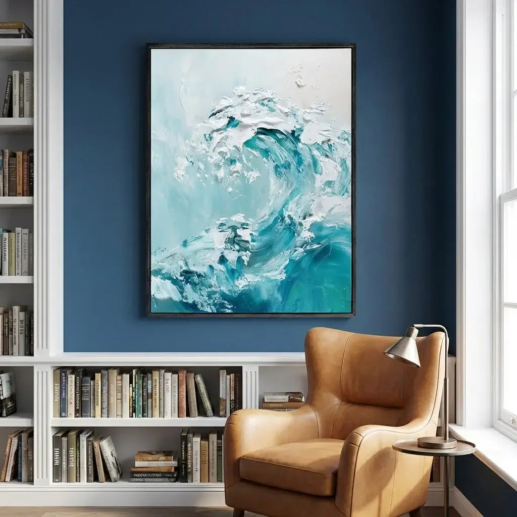 Modern interior with a brown armchair, bookshelf, and abstract wave painting on a blue wall.