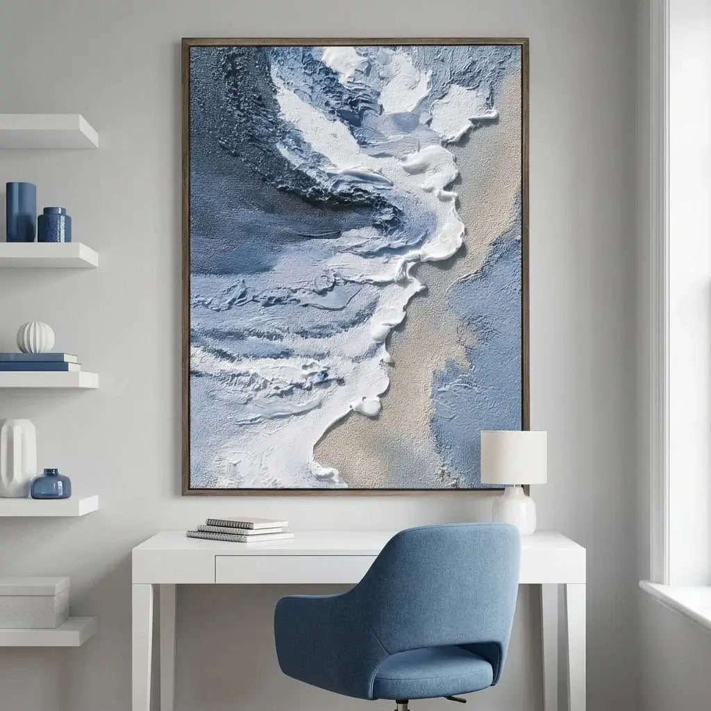 Modern interior with a desk, chair, and abstract artwork on the wall.