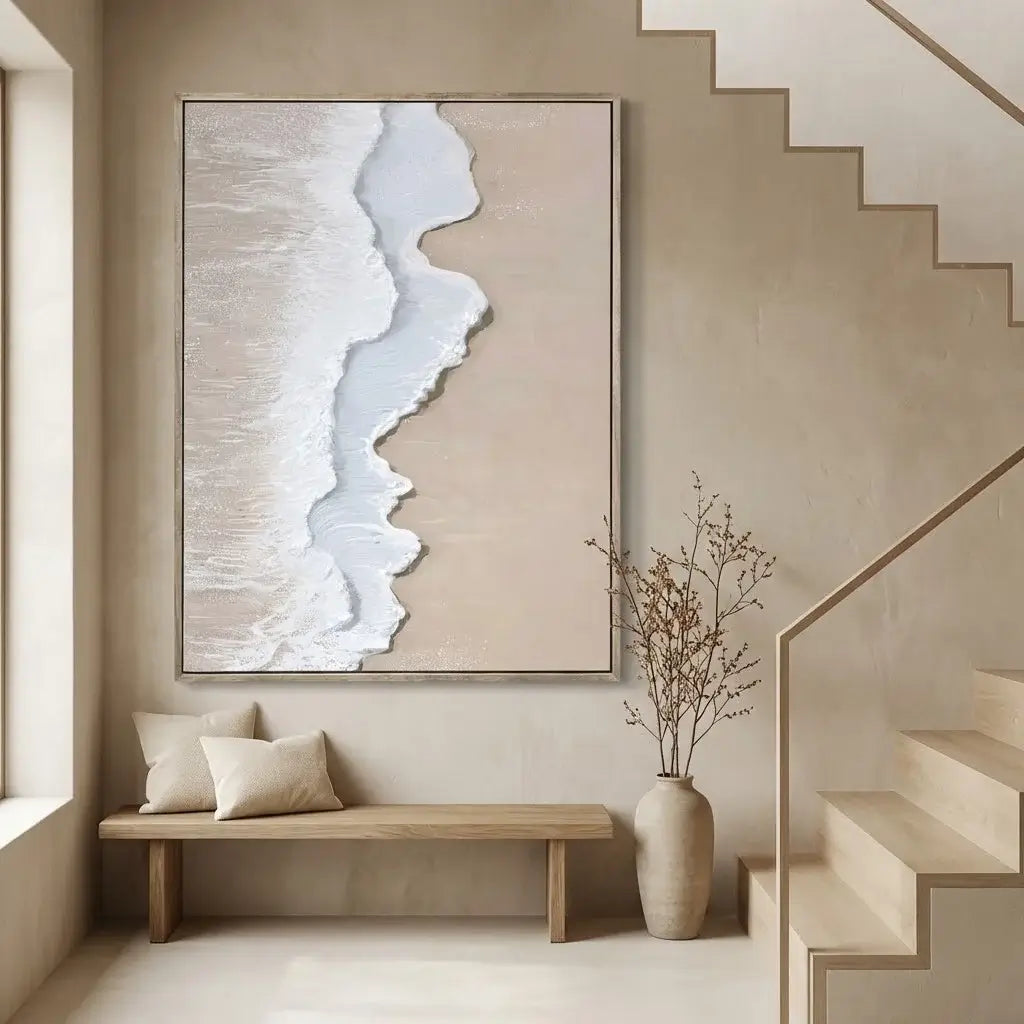 Staircase with abstract wall art and a bench in a modern interior setting