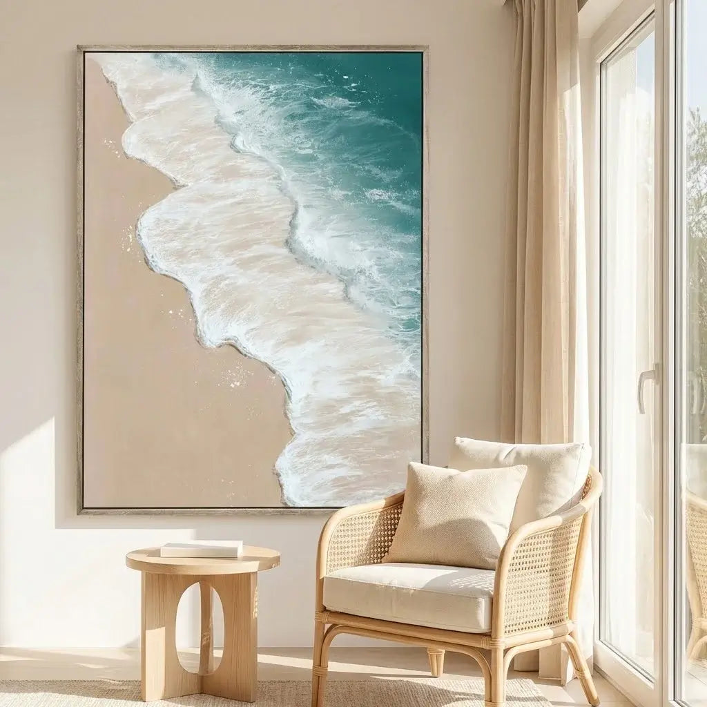Beach scene painting on a wall above a wicker chair with cushions in a bright room.