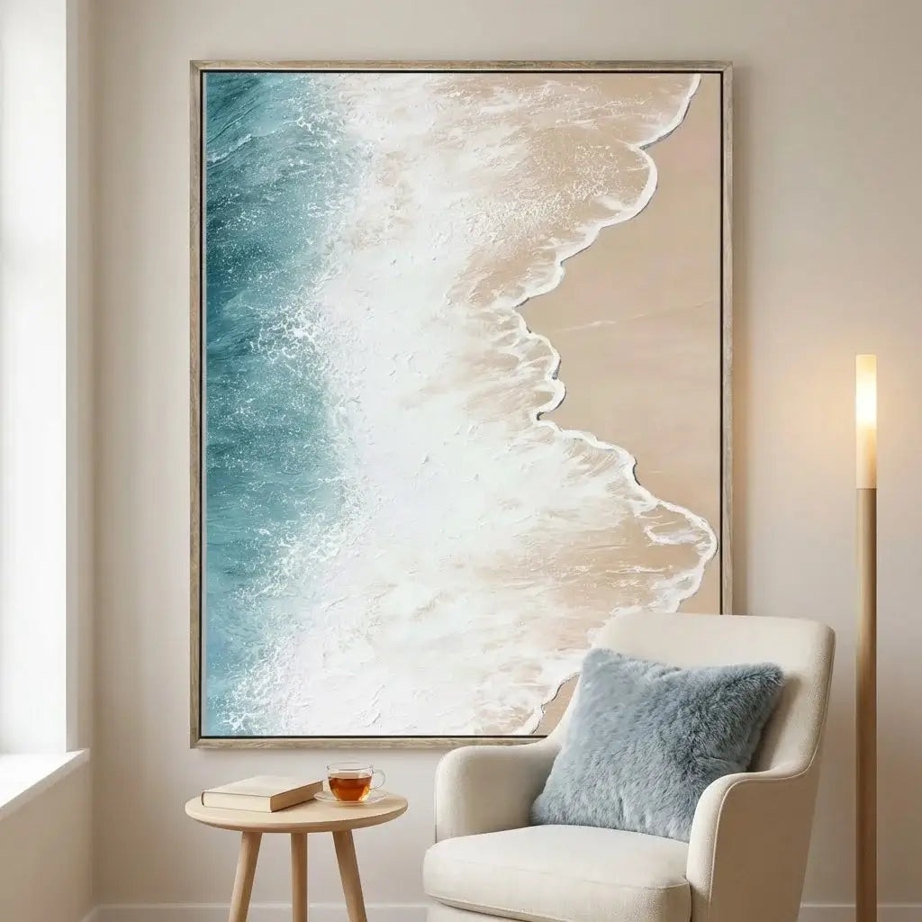 Abstract art of a wave in a modern living room setting