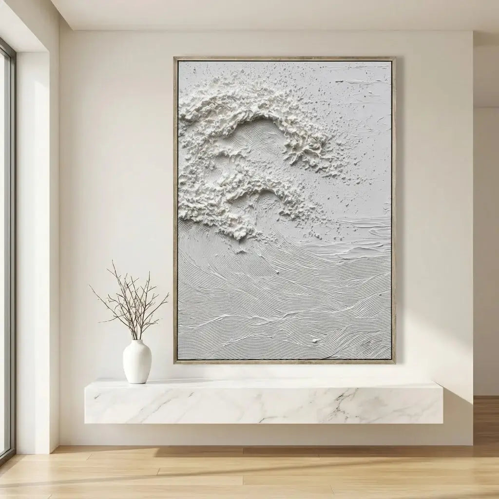 Abstract wall art in a modern interior setting with a marble shelf and vase.
