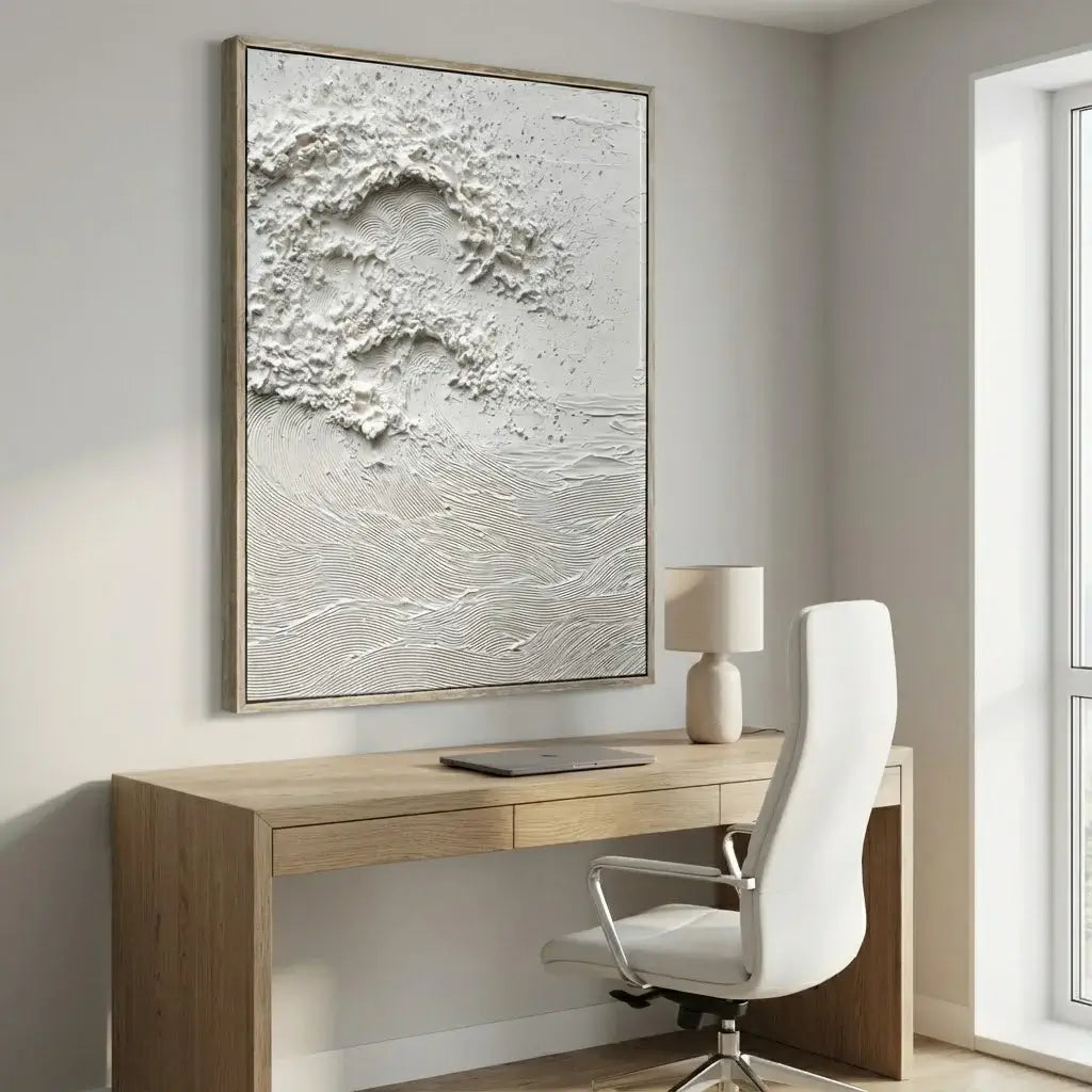 Modern home office with wooden desk, white chair, and abstract wall art.