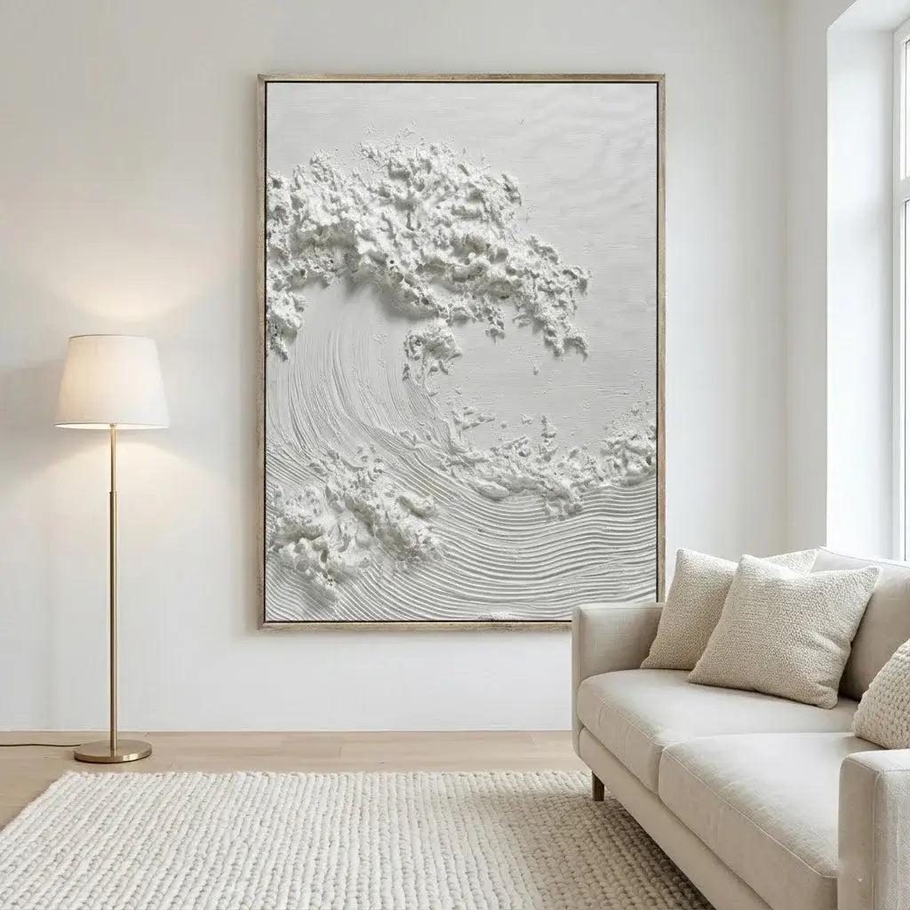 Modern living room with a large abstract painting on the wall, a beige sofa, and a floor lamp.