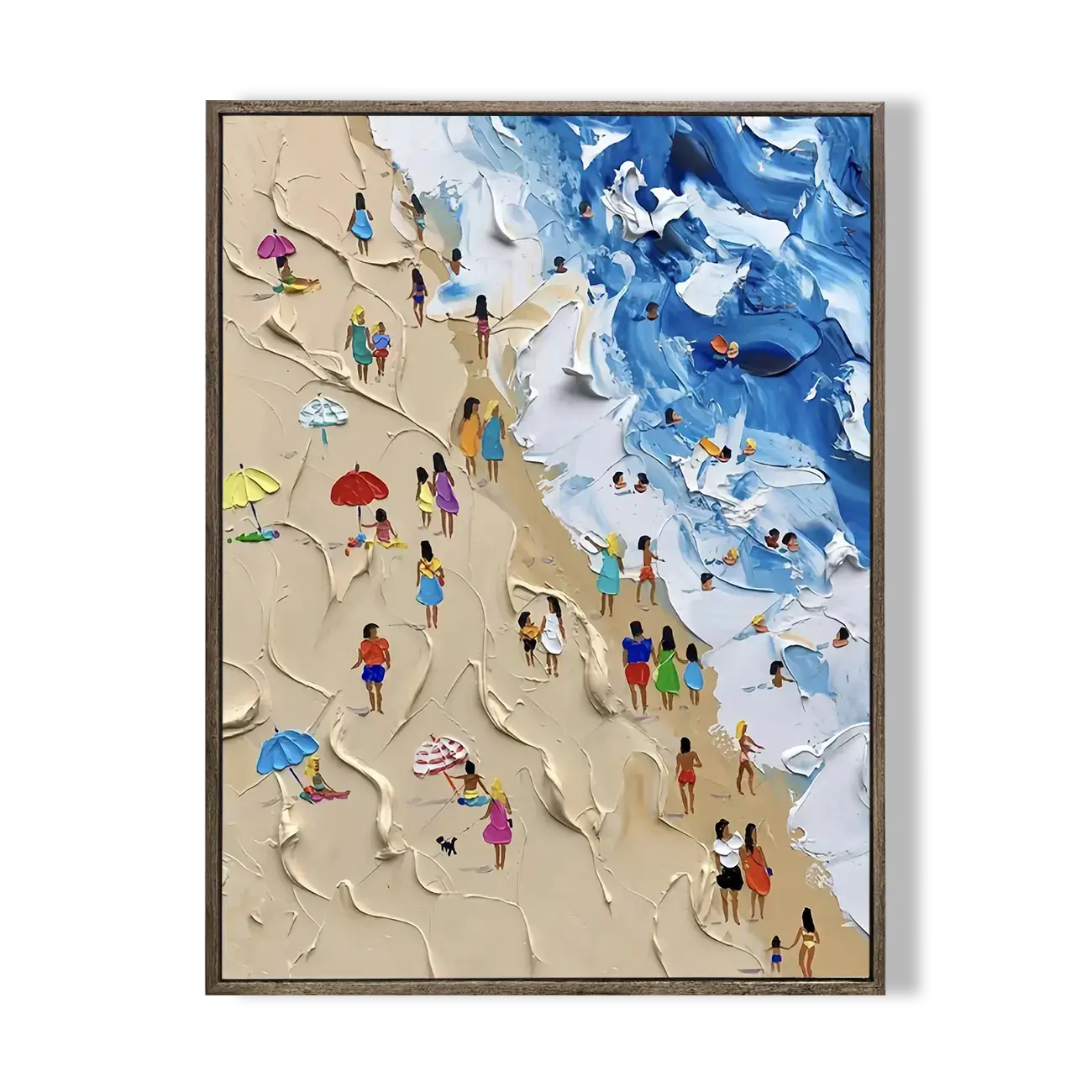 Framed artwork of a beach scene with people and umbrellas