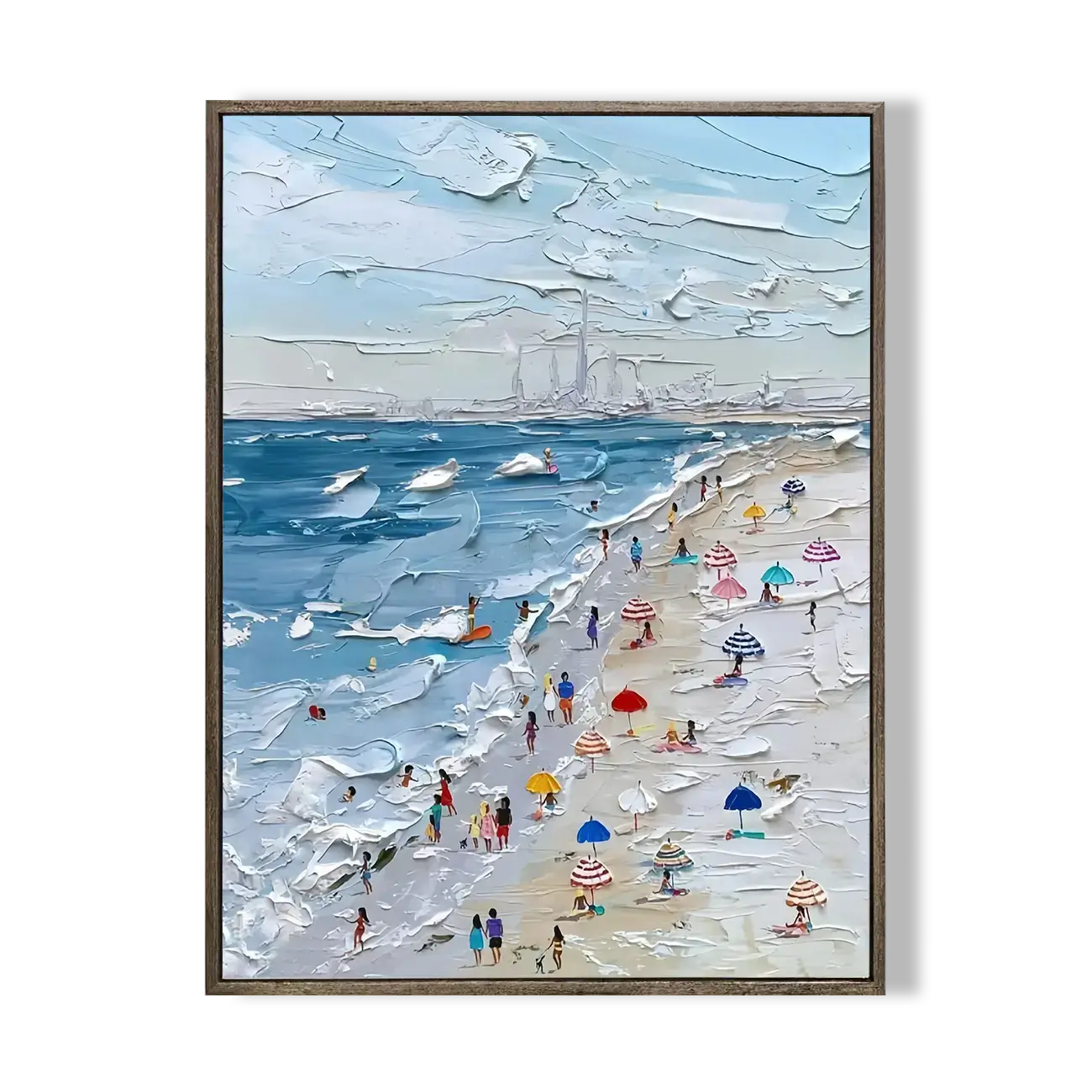 Framed painting of a beach scene with people and umbrellas.