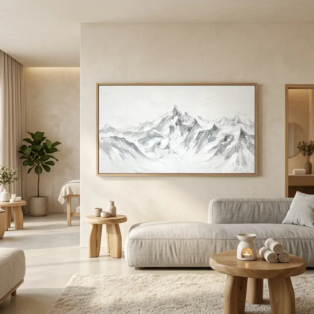 Modern living room with a mountain landscape painting on the wall